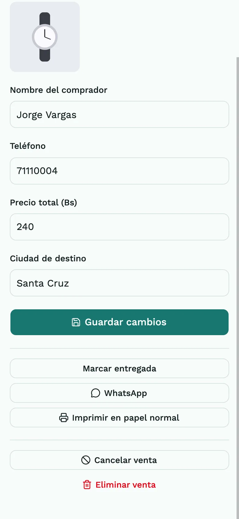 Detalle de una venta con botones de WhatsApp, cancelar y eliminar