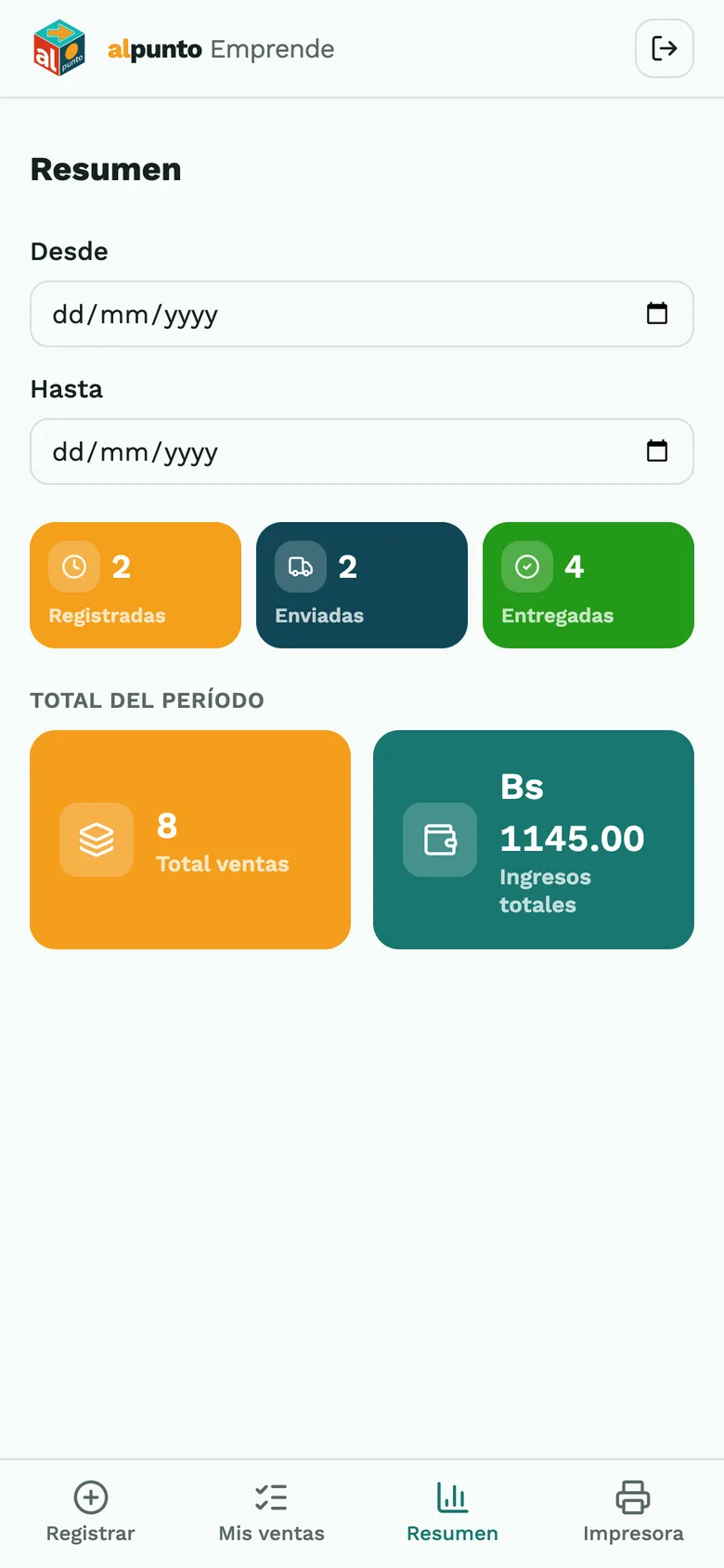 Resumen con total de ventas e ingresos