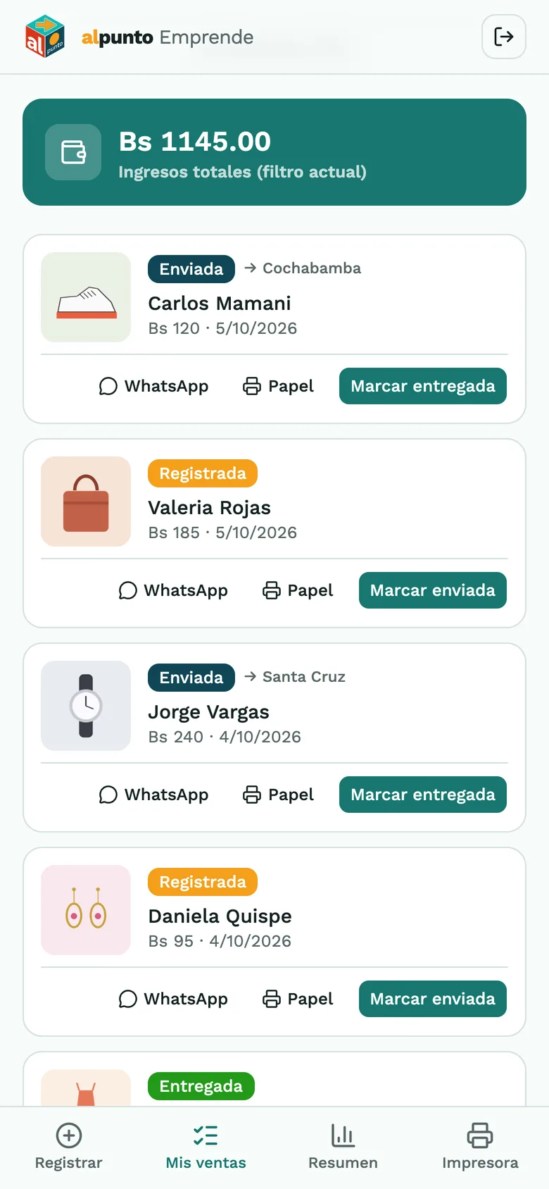 Lista de ventas en Emprende con el total de ingresos